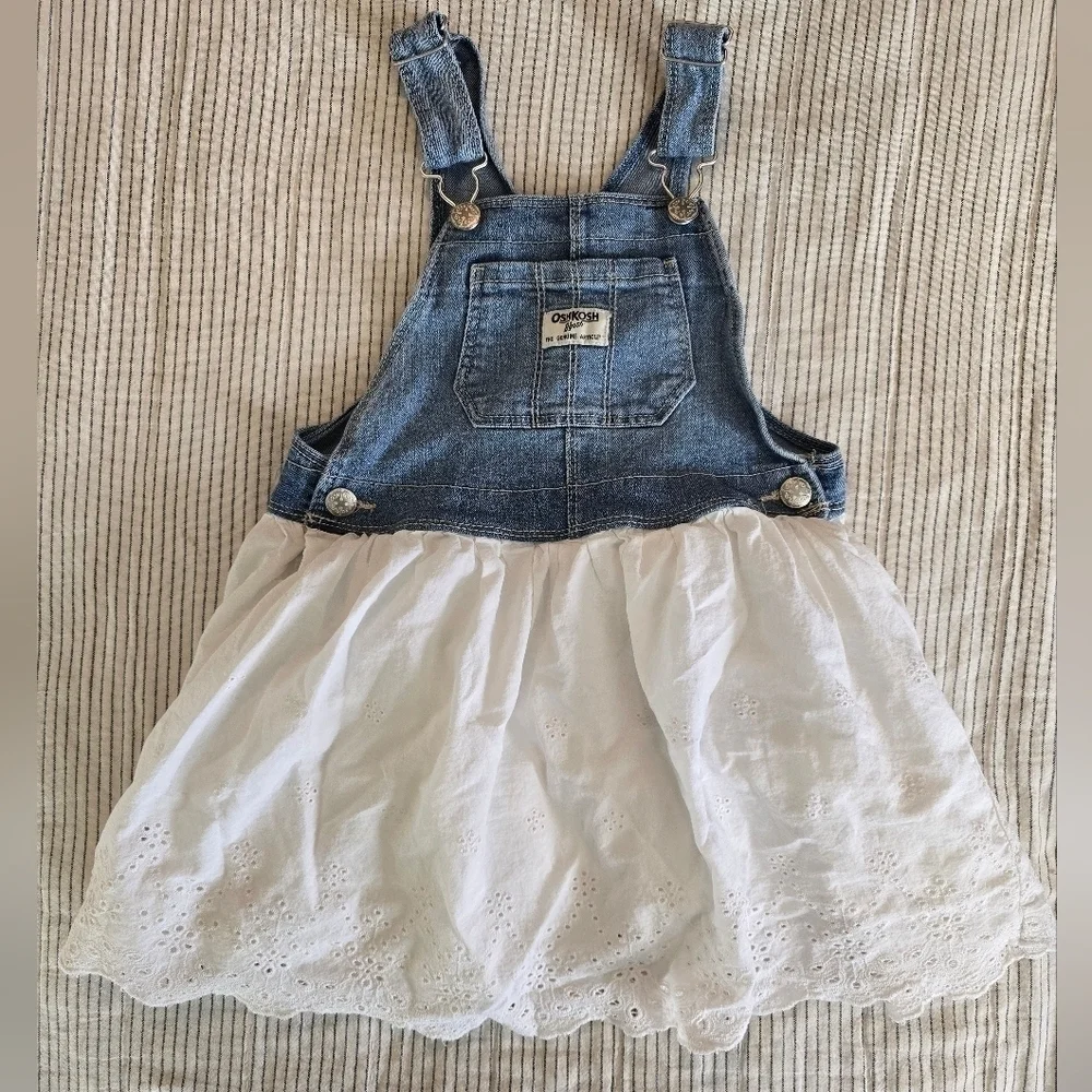 OshKosh Denim White Eyelet Lace Bottom Vestback Dress Size 4T Girls